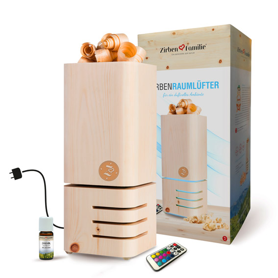 ZirbenFamilie1076_ZirbenRaumluefter_mit-Verpackung-Oel-Fernbedienung-Kabel_neu