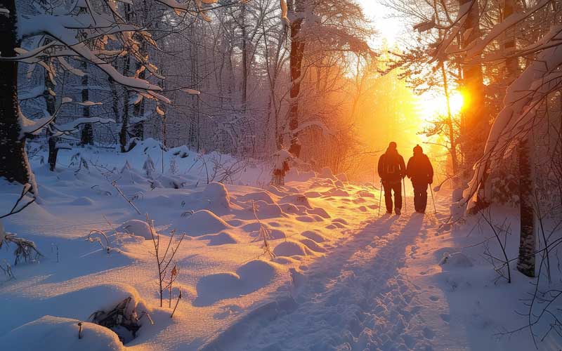 Ein älters Paar, das durch einen verschneiten Wald wandert