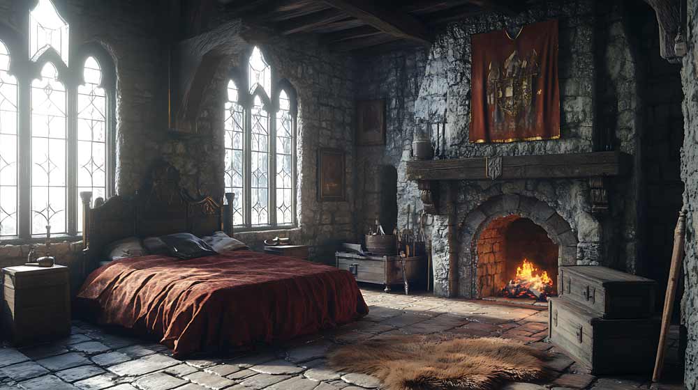 Prunkvolles mittelalterliches Bett in einen Schloss
